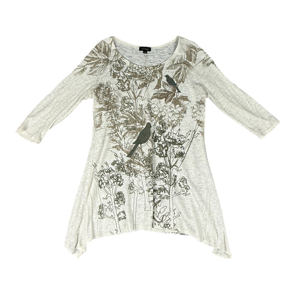 Cat Style Womens L Bird Botanical Slub Knit Tunic Top Ivory Lagenlook Sharkbite